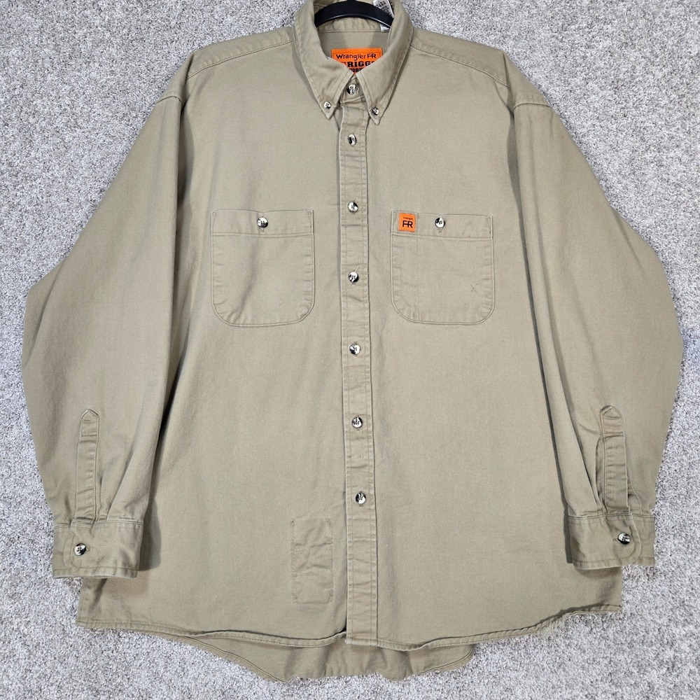 Wrangler Riggs Work Shirt Mens XL Khaki tan FR Flame Resistant workwear canvas